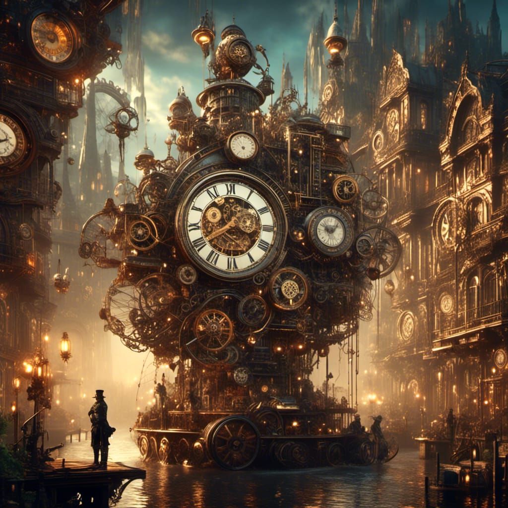 Steampunk Town Clock with Intricate Mechanical Details