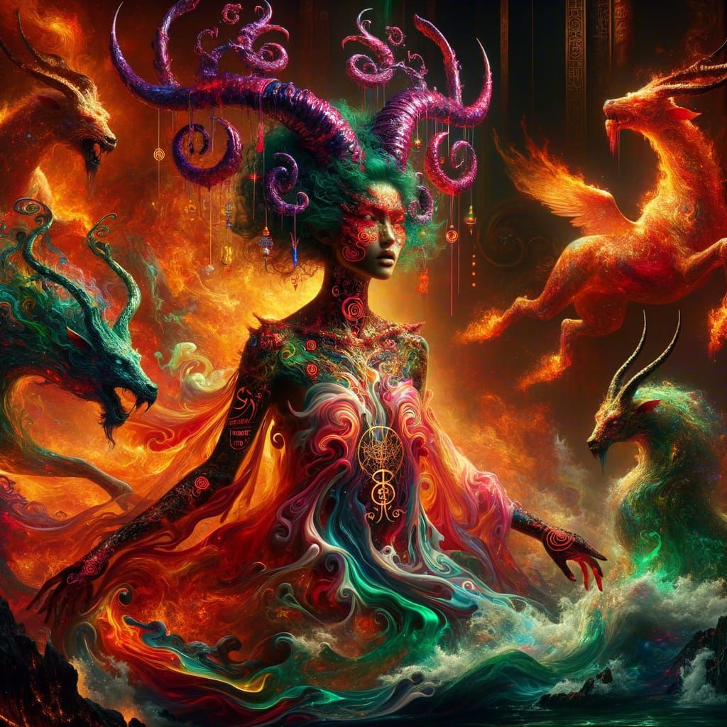 Fantasy Female Satyr Commands Apollo's Chariot Over Fiery Ri...