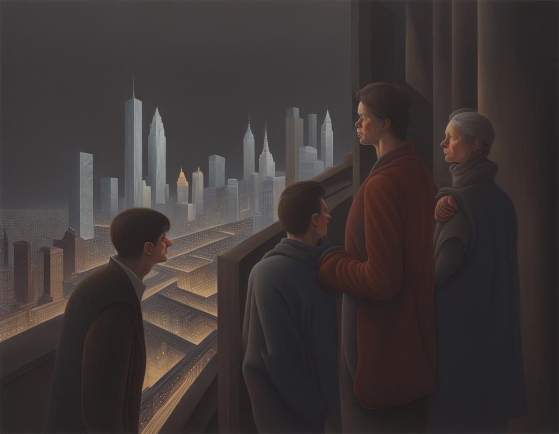 Figures Overlooking Cityscape in Hyperrealistic Style