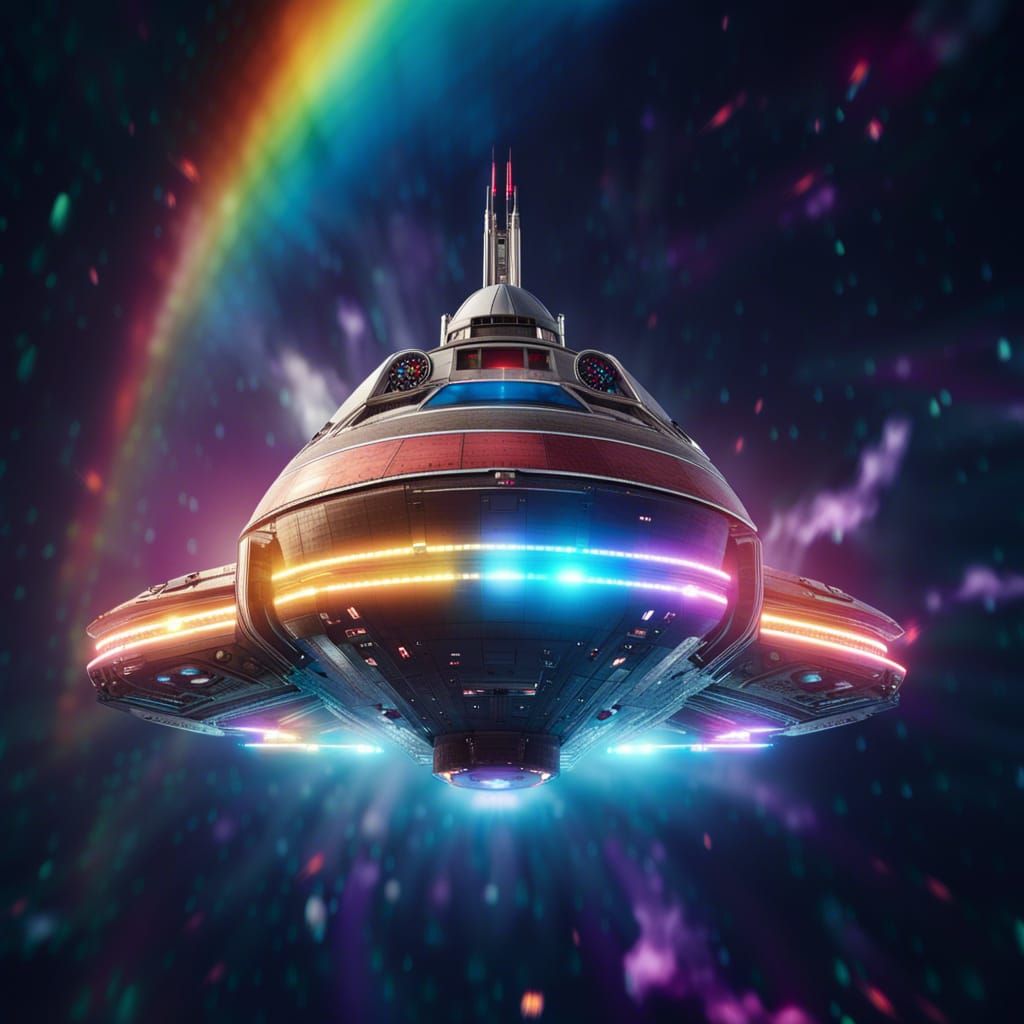 Spaceship Flying in Space with Rainbow Lights