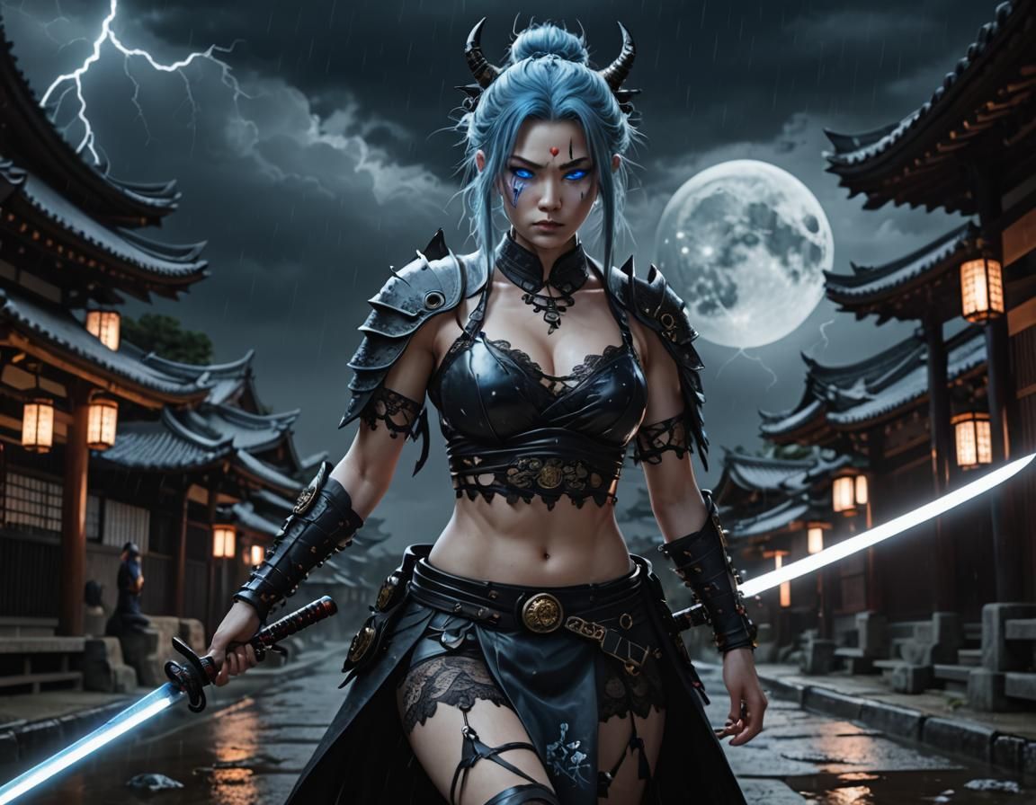 Oni Goth Female with Katana in Stormy Kyoto