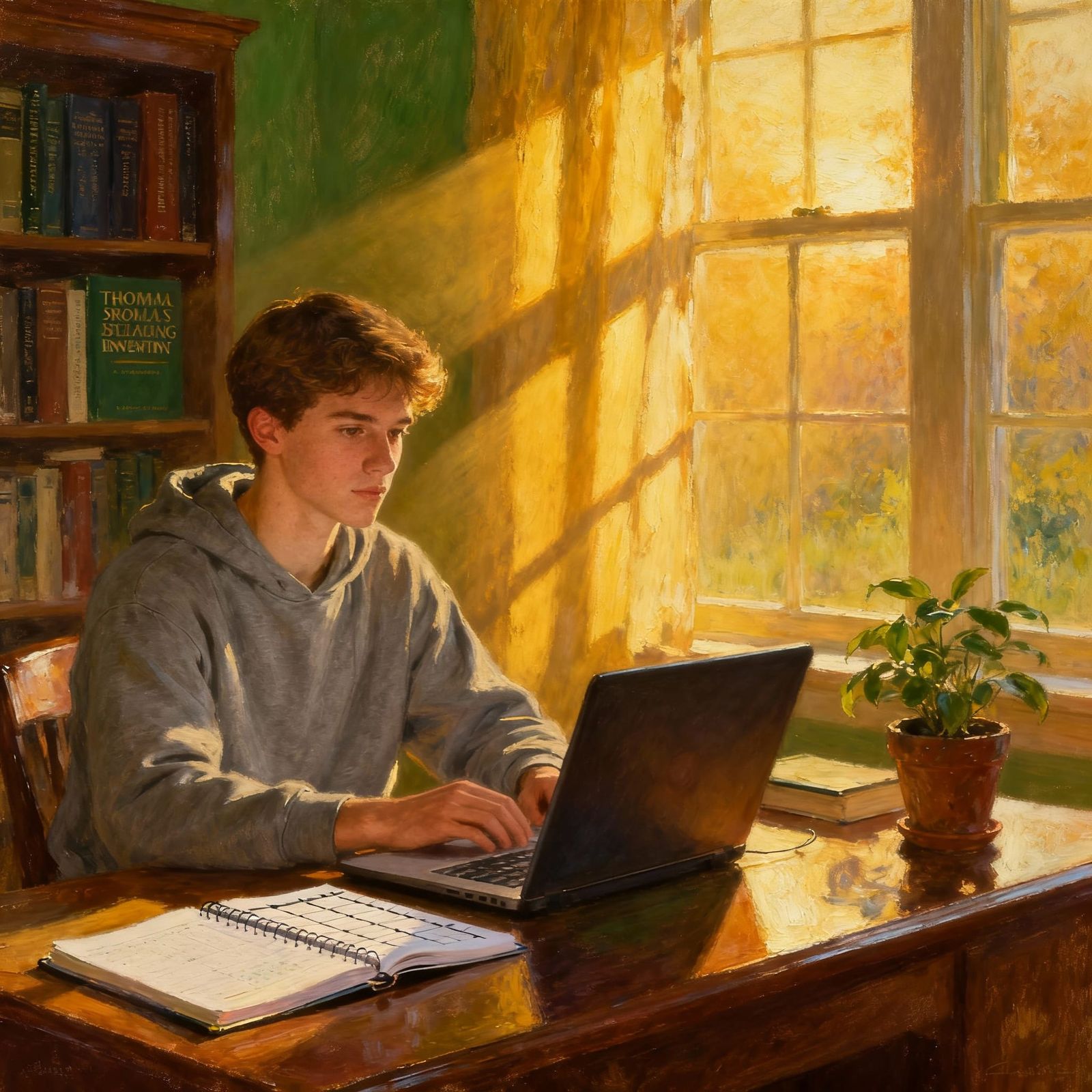 Young Man Focused at Desk in Sunlit Room
