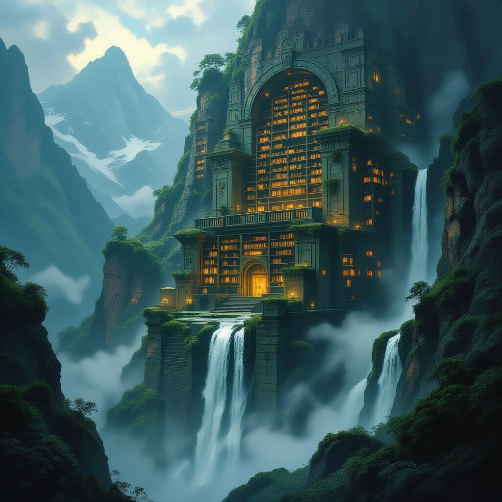 Ancient Mountain Library with Glowing Tomes