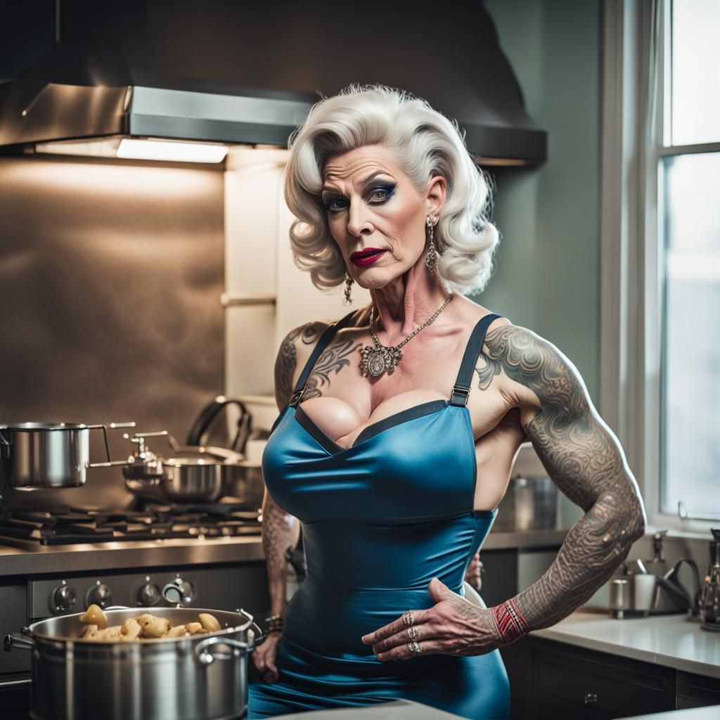 Androgynous Bodybuilder Cooking in Luxury Kitchen