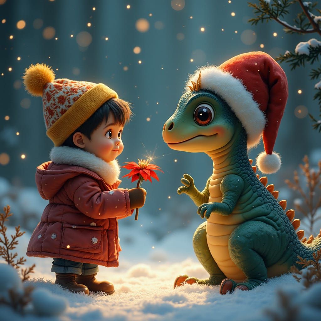 Whimsical Winter Scene of Curious Child and Dinosaur