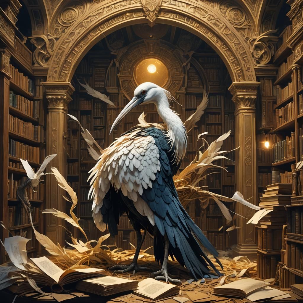 Ibis Thoth Builds Paper Nest in Mystical Library