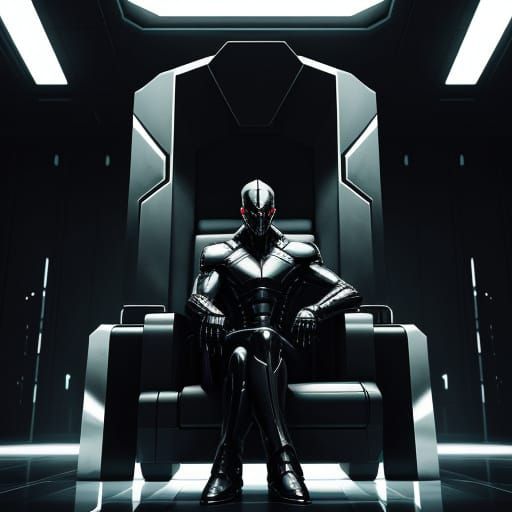Dystopian Sci-Fi Leader in High-Tech Throne Room
