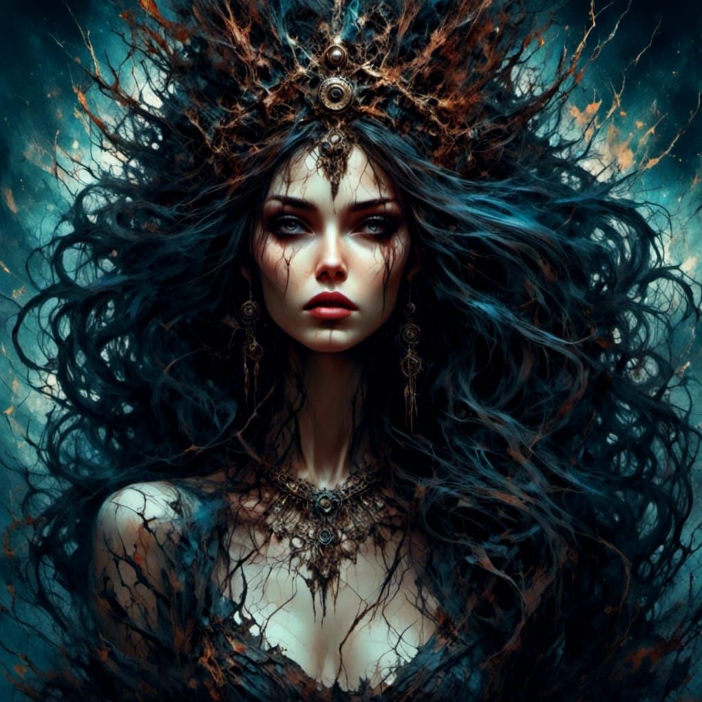 Surreal Woman with Tattoos in Dark Steampunk Style