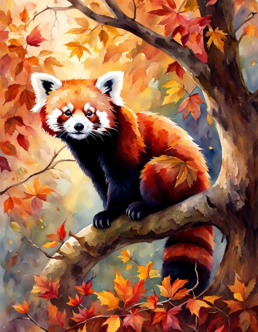 Red Panda in Autumn Tree Watercolor Painting