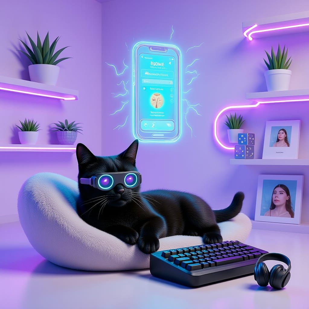 Gen Z Cat Streamer in Pastel-Neon Loft