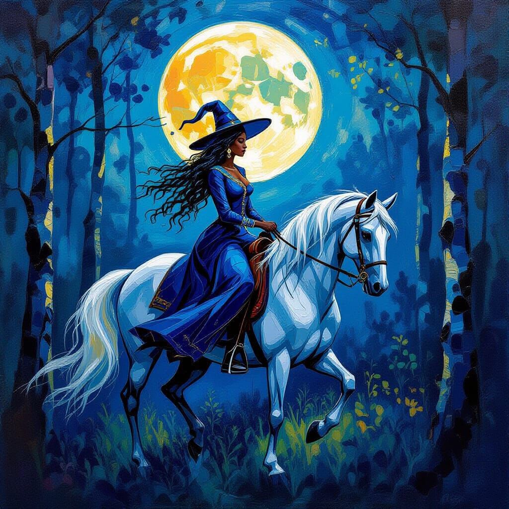 Voodoo Priestess Rides Silver Horse Through Moonlit Forest