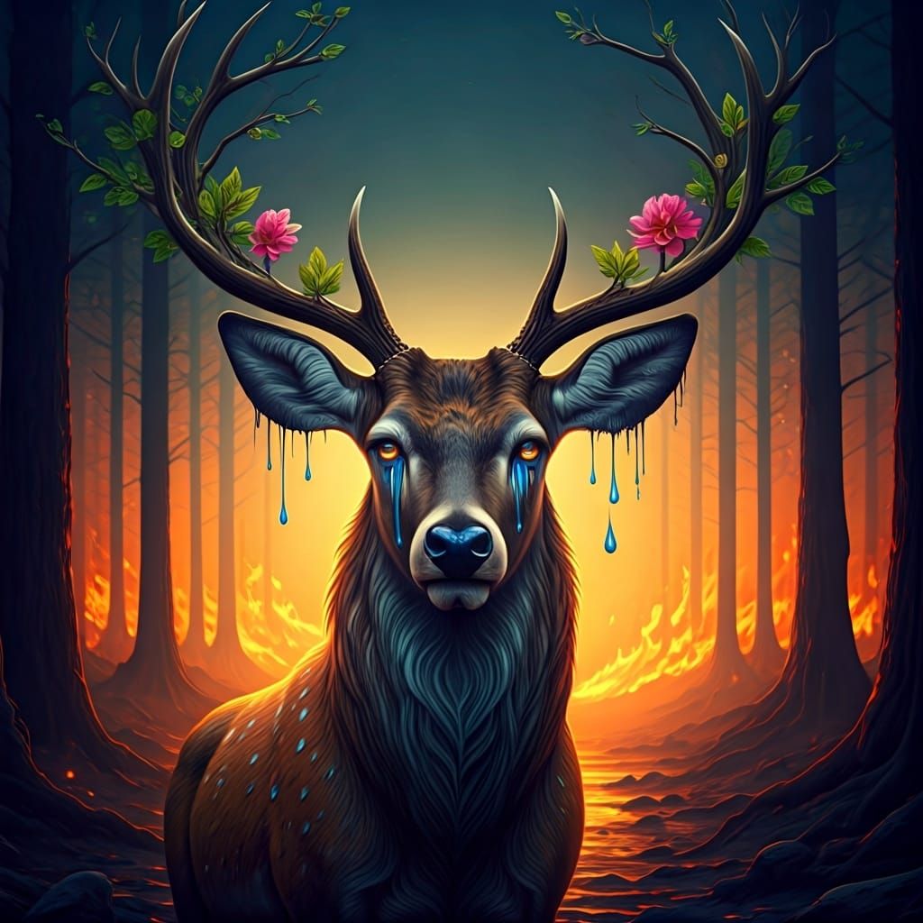 Mystical Deer with Blossoms in Fire-Ravaged Forest