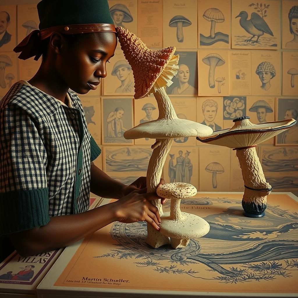 Mushroom Garden: A Blue and White Linocut Sculpture