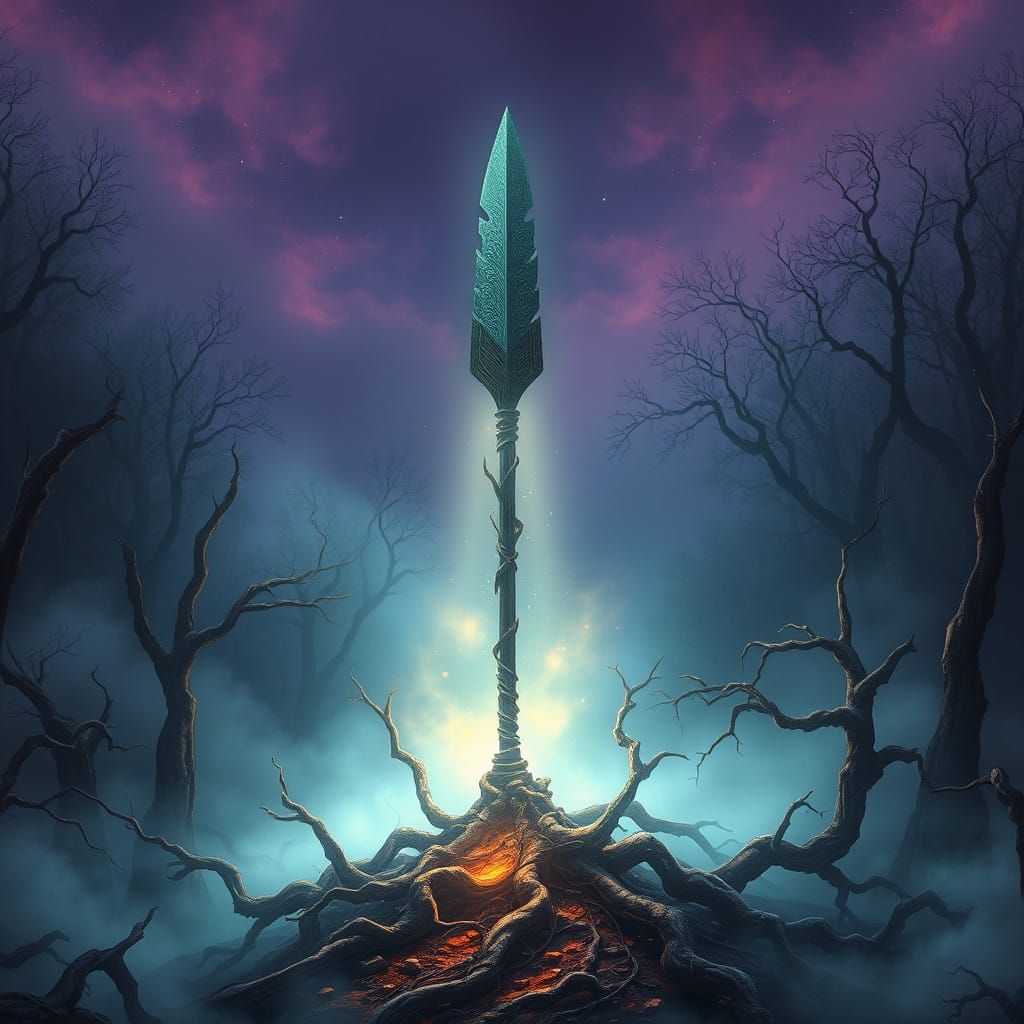 Ethereal Forest Dawn with Ancient, Shattered Arrow