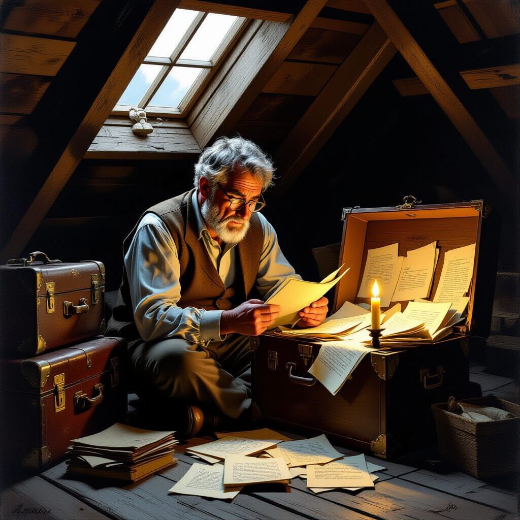 Melancholy Man Reads Letters by Candlelight