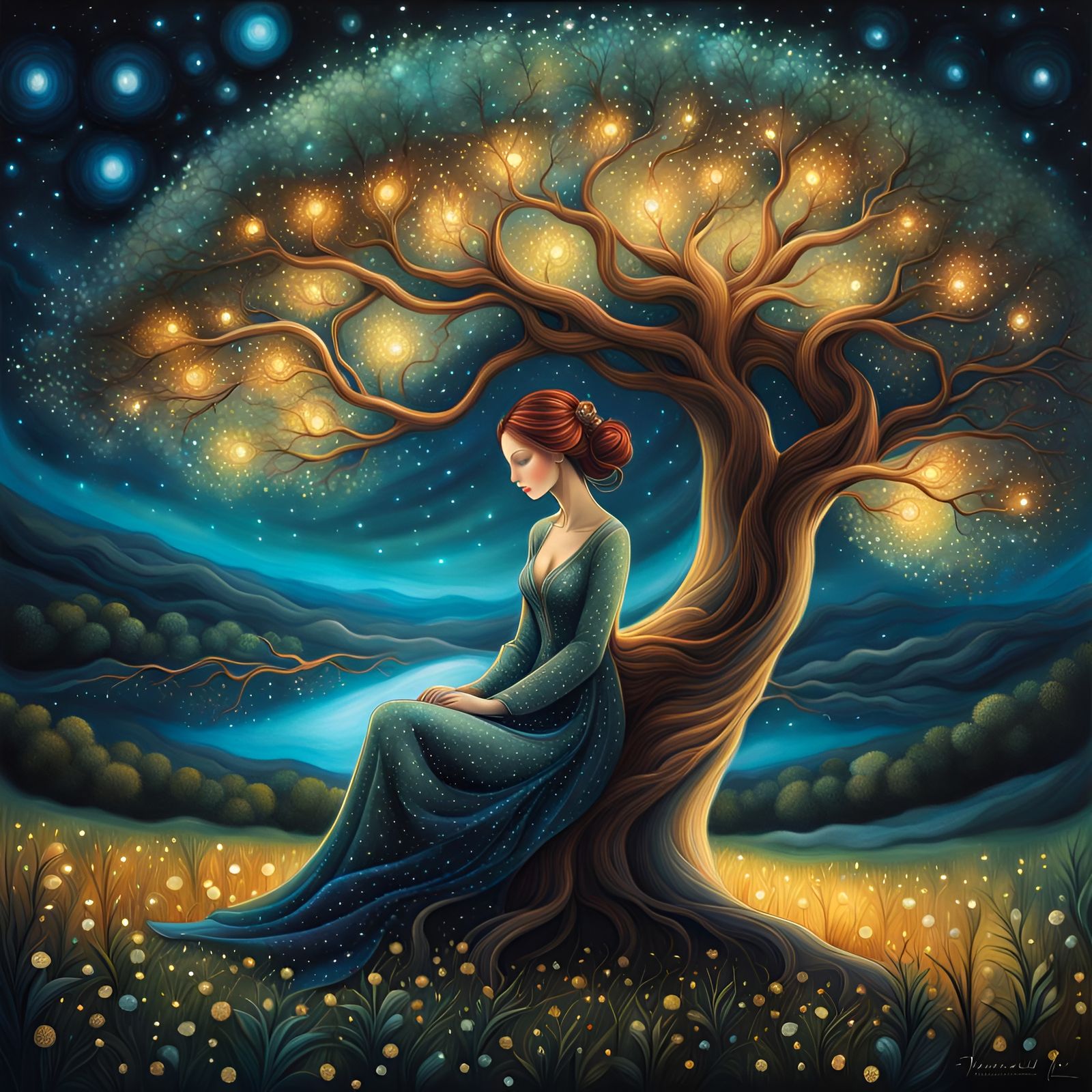 Woman Under Starry Sky: Digital Art