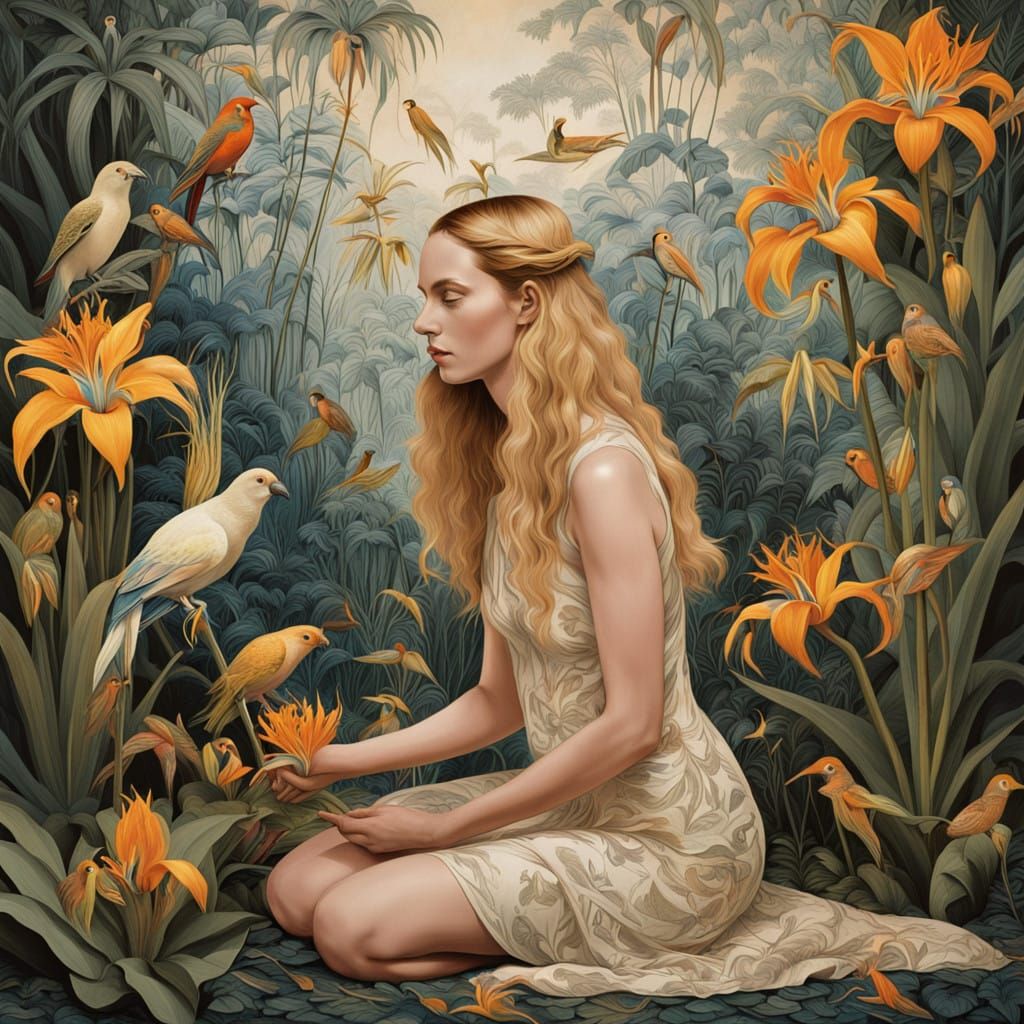 Serene Woman in Nature's Tapestry, Bio-Art and Surrealism