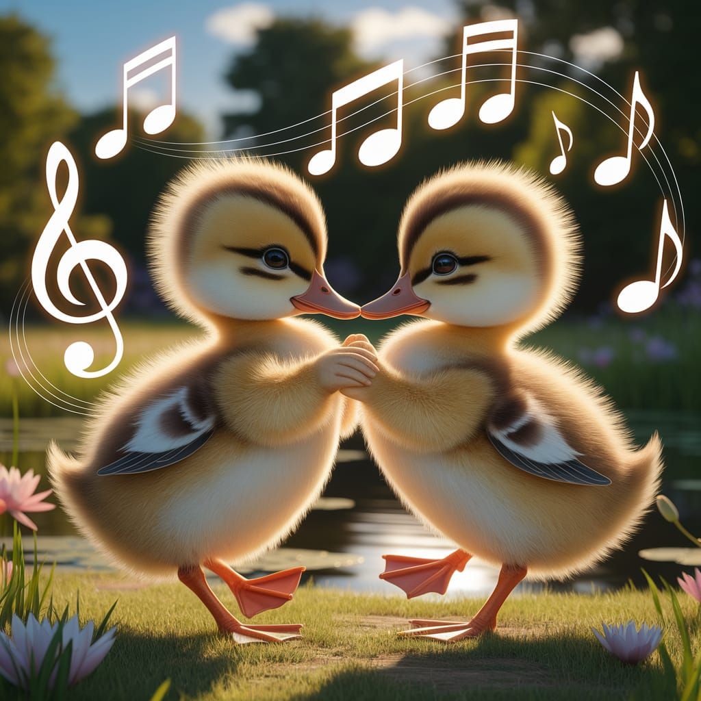 Ducklings Dance Tango in Sunlit Meadow