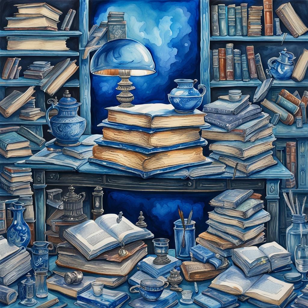 Detailed Blue Watercolour Books on Bizarre Desk