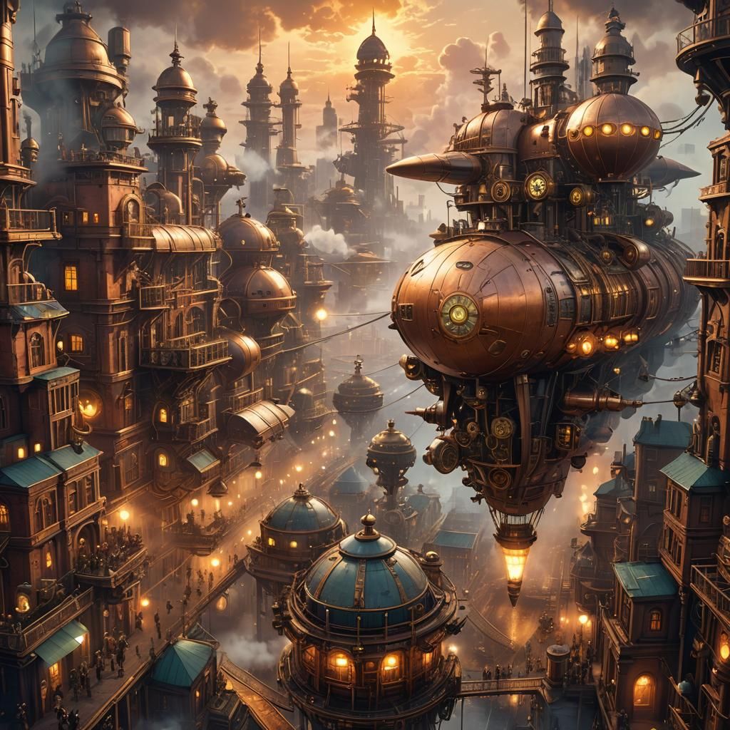 Steampunk Metropolis with Airship in Anime Style