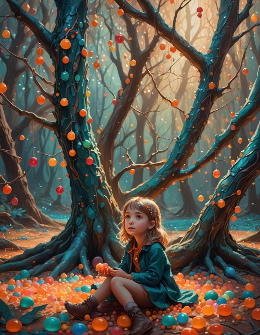 Whimsical Forest Girl Surrounded by Gumdrops