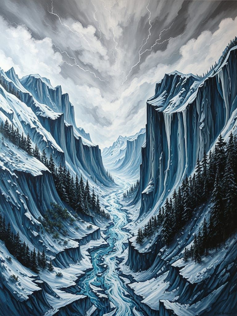 Explosive Acrylic Landscape with Snow and Lightning