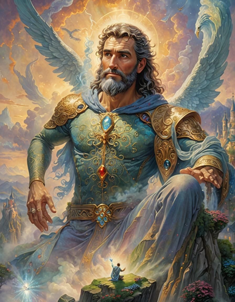 Man on God's Hand in Ethereal Fantasy Heaven