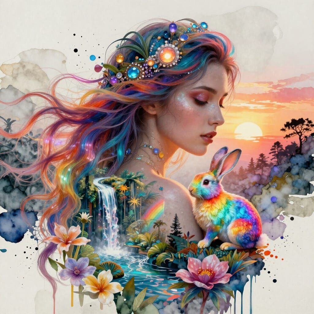 Ethereal Woman with Rainbow Hair and Prism Waterfalls