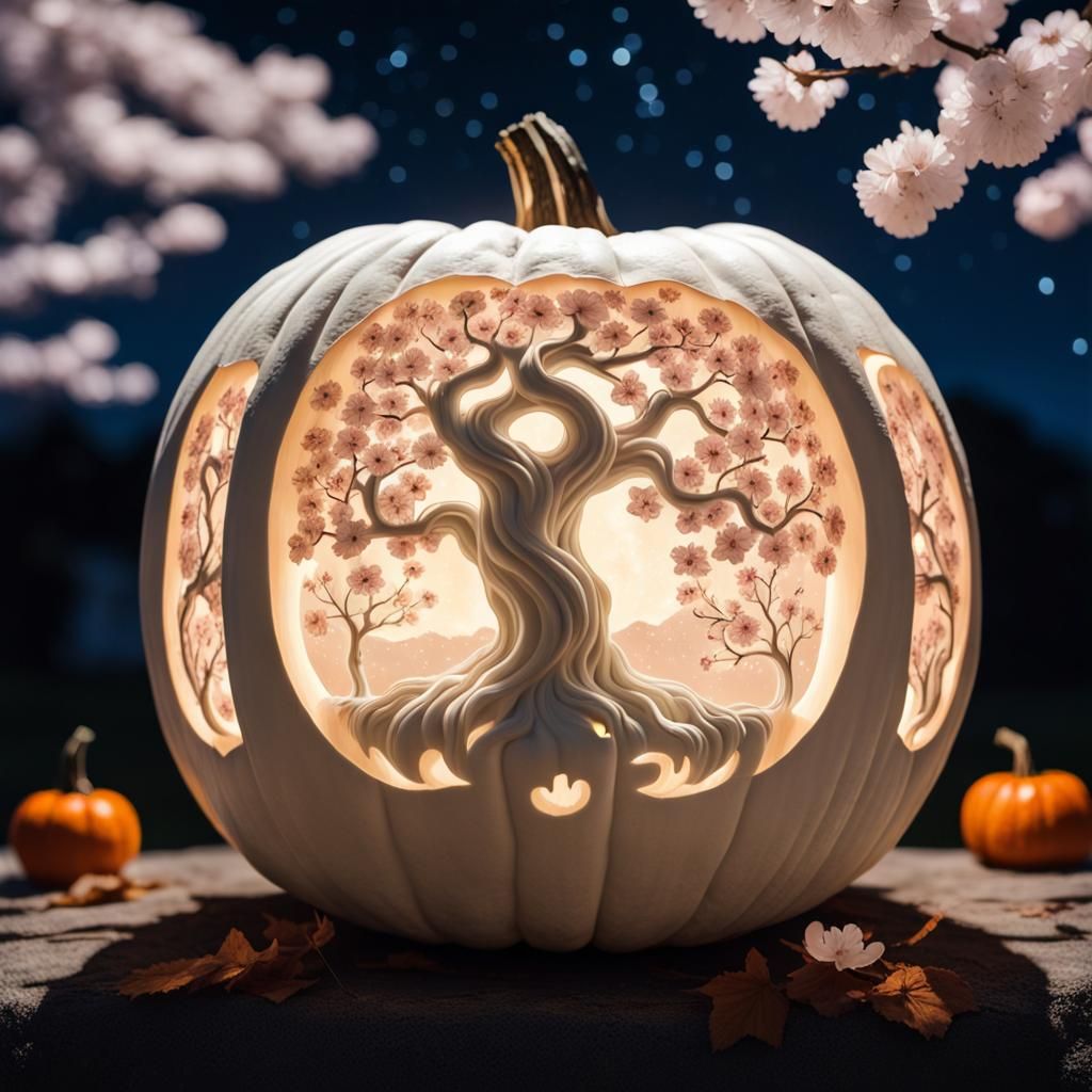Cherry Blossom Jack-o'-Lantern under Starry Moonlight