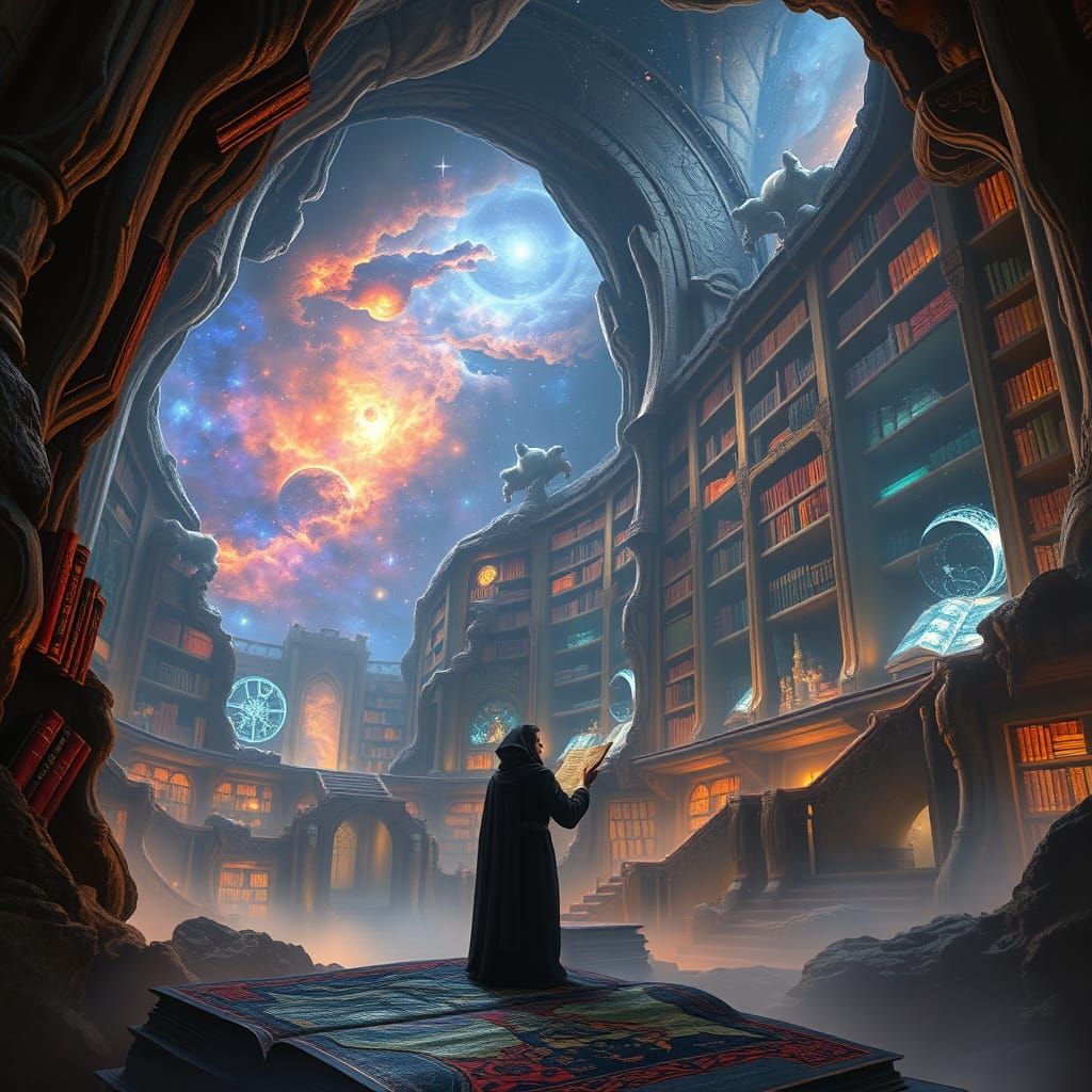 Cosmic Nebula Library with Scholar in Epic Fantasy Style