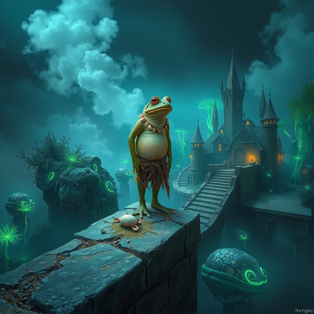 Surrealist Frog in Alien Landscape, Dreamlike Scene with Iri...