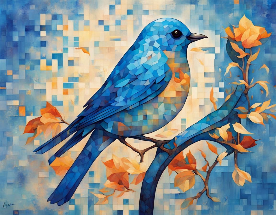 Cute Blue Bird Illustration in Acrylic Art Style