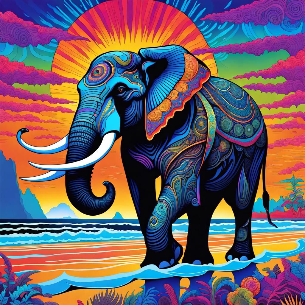 Psychedelic Elephant walk in Beach