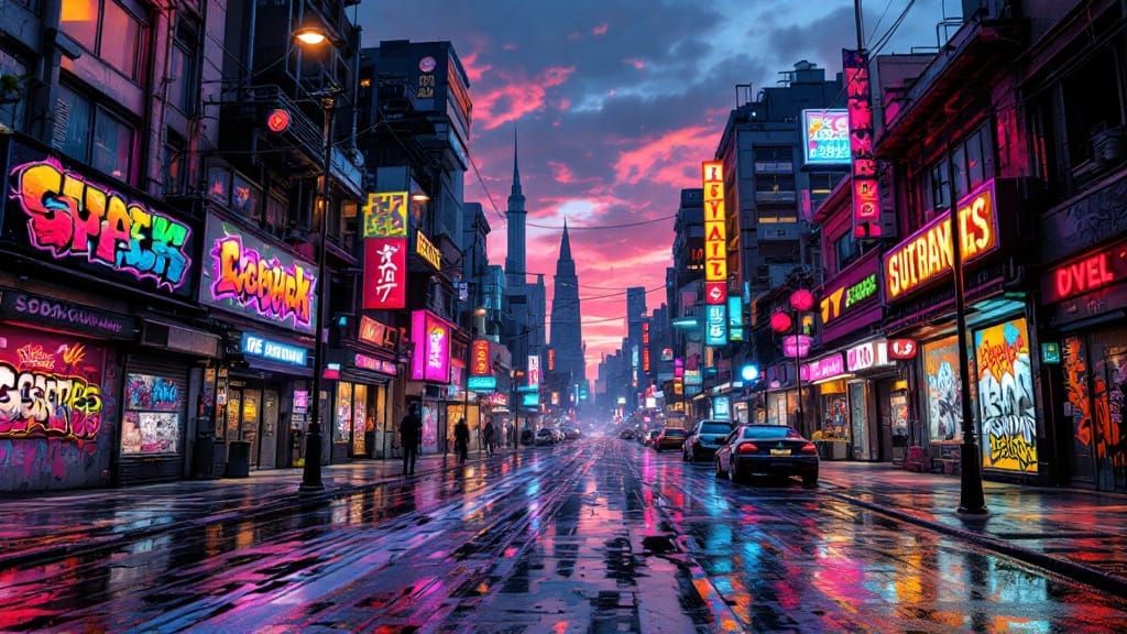 Dystopian Cityscape at Dusk in Cyberpunk Style