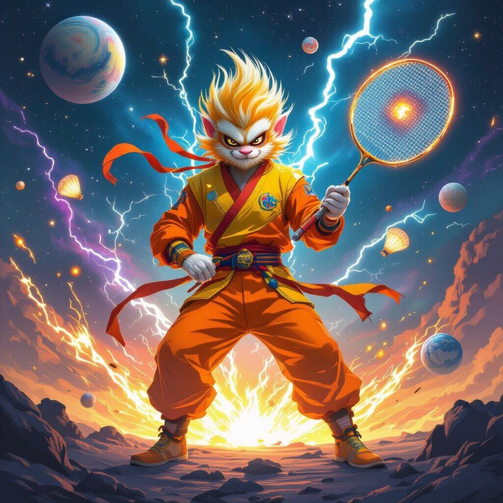 Sun Wukong in Space with Badminton Racket