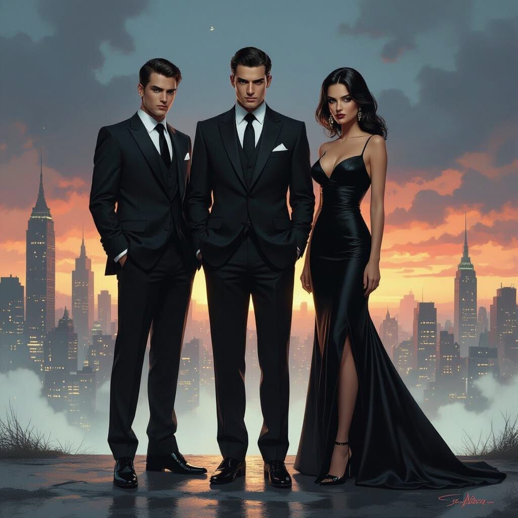 Mafia Brothers and Mysterious Woman in Noir Cityscape