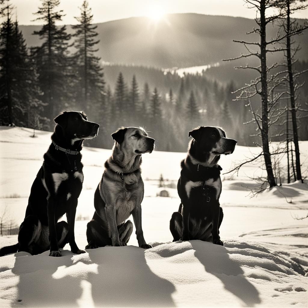 Chinook Dogs in Snowy Landscape: Vintage Style