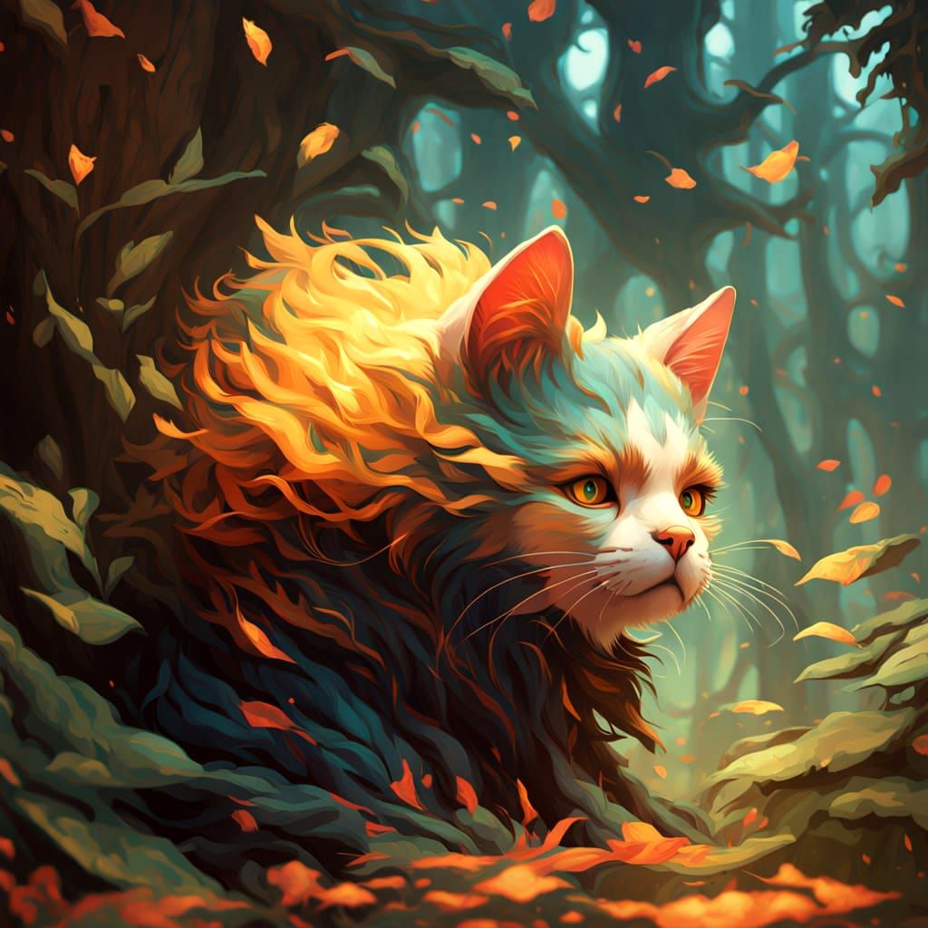Whimsical Cat Portrait in a Vibrant Forest