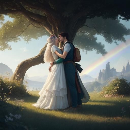 Romantic Kiss in Grassland, Klimt-Inspired Dress