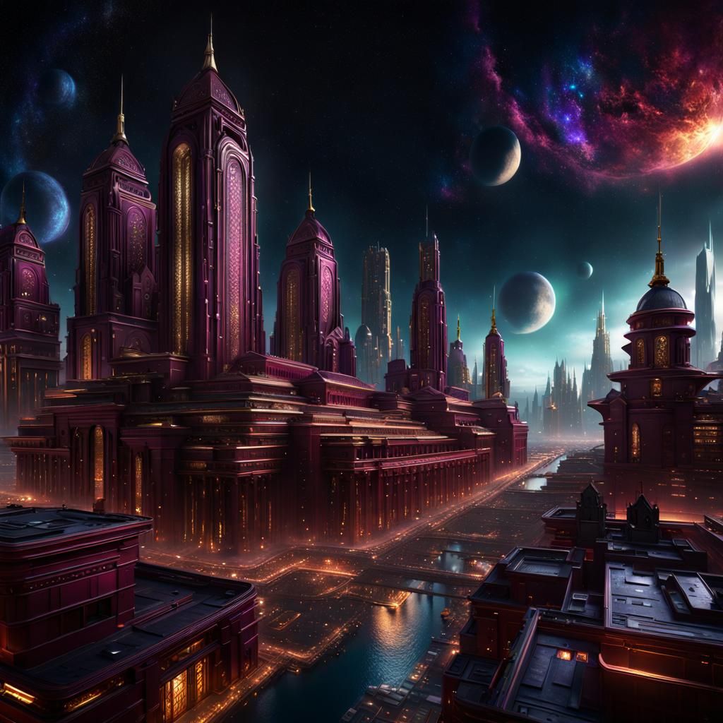 Panoramic Midnight City with Galaxy Sky in Fantasy Art