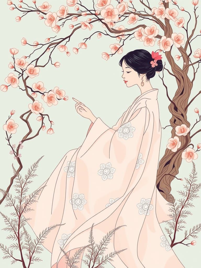 Serene Woman in Kimono Amidst Minimalist Nature