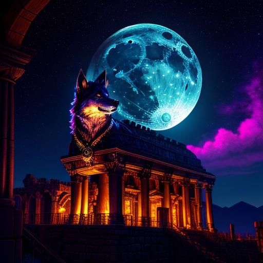 Steampunk Wolf Amidst Roman Architecture Under Starry Sky