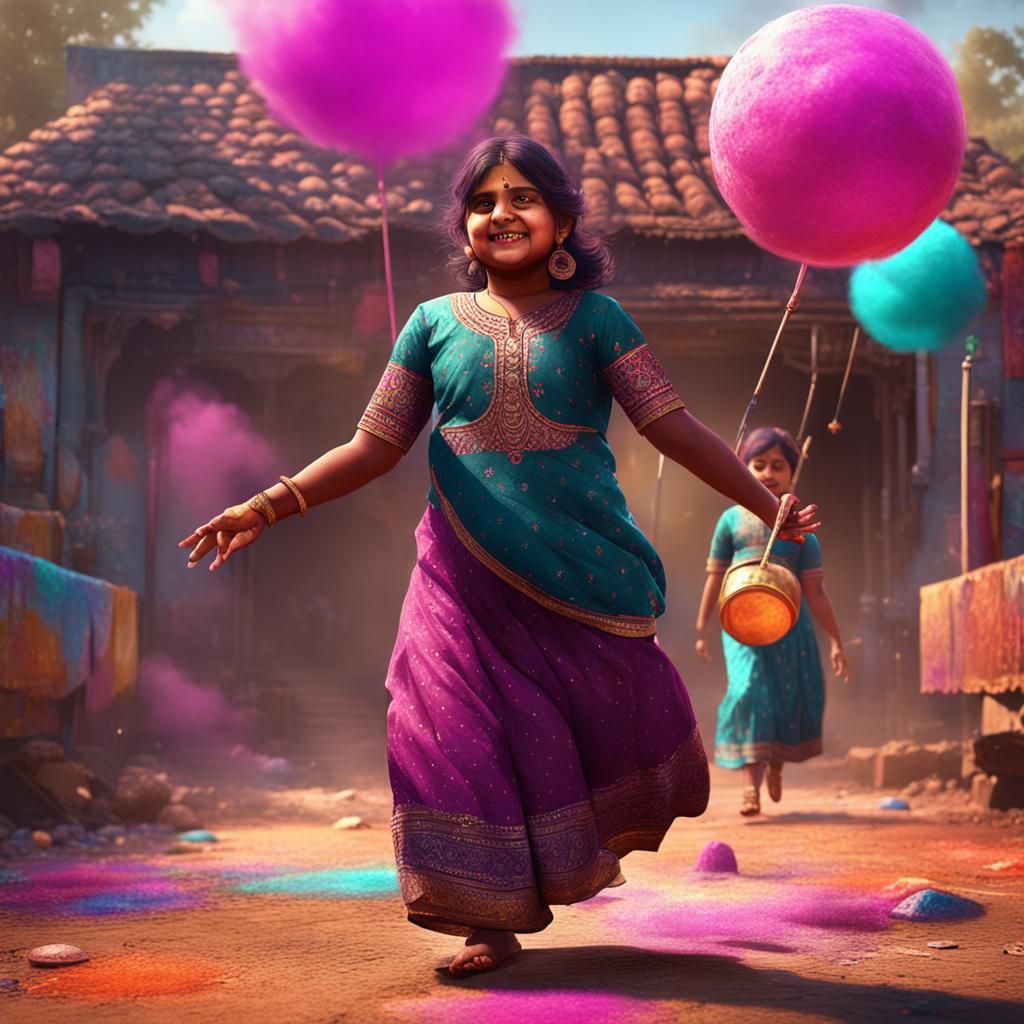Indian Sisters Celebrating Holi in Detailed Matte Painting