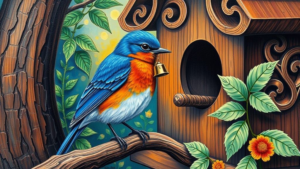 Bluebird on Perch in Escher-esque Impasto Style