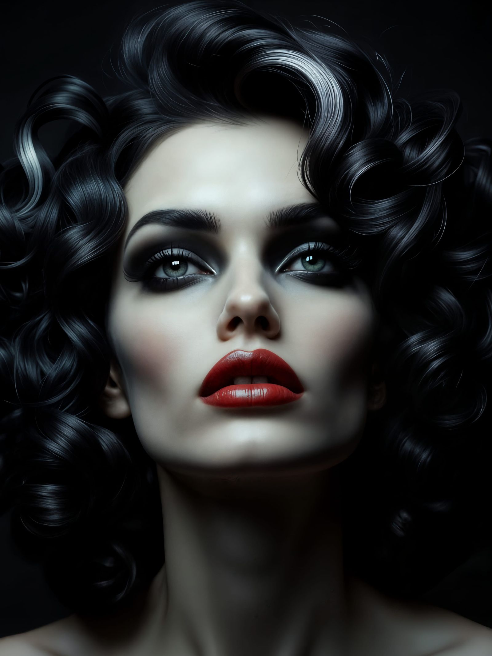 Gothic 70s Woman with Dramatic Makeup and Hair