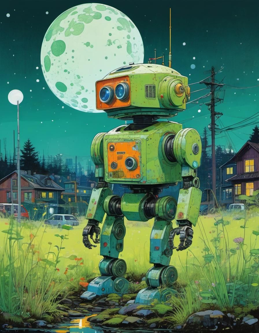 Chibi Robot in Overgrown Cyberpunk City