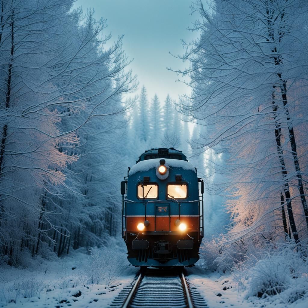 Winter Train in Frosty Forest, Cinematic Film Still