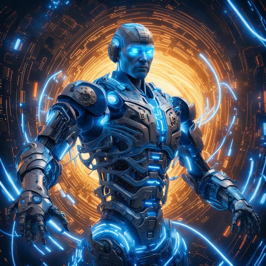 Magnetic Golem in a Neon-Lit Industrial Whirlwind