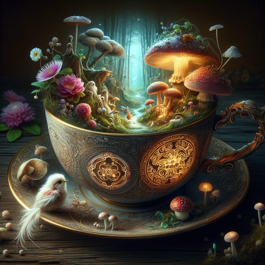 Miniature Forest Bird in Antique Teacup