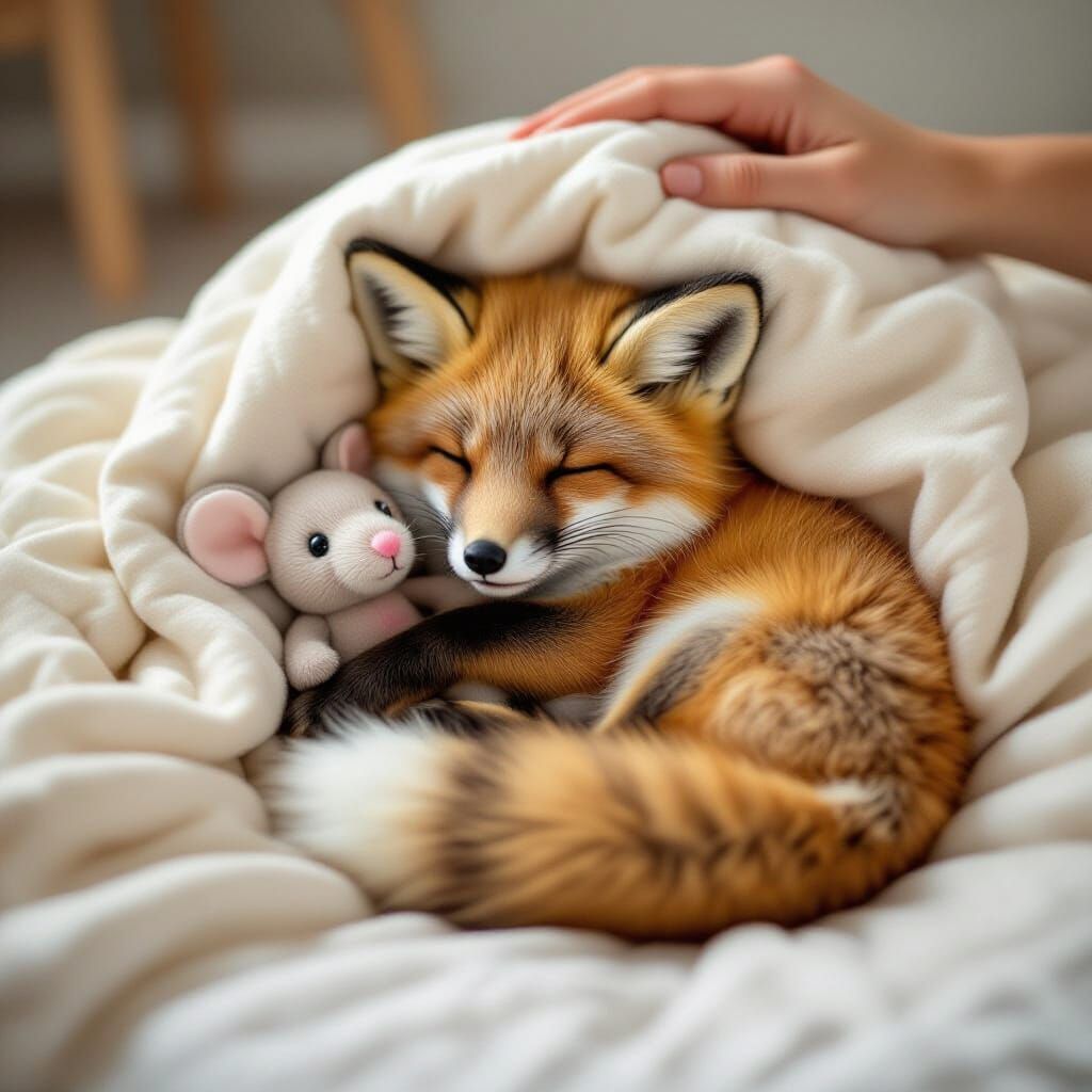 Sleeping Baby Fox with Toy Mouse
